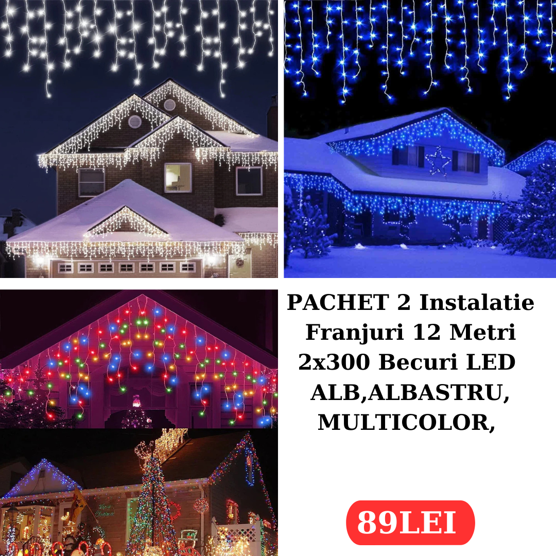 PACHET 2X Instalatie Franjuri 12 Metri, 2 x 300 Becuri LED ALB,Multicolor,ALBASTRU